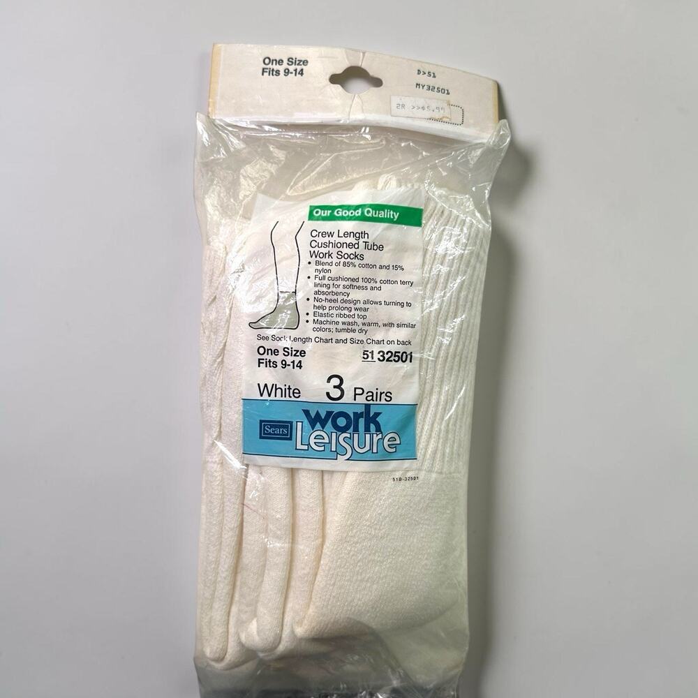 Vintage Sears Work Leisure Crew Socks 3 Pair White Cushioned Tube Socks USA 9-14